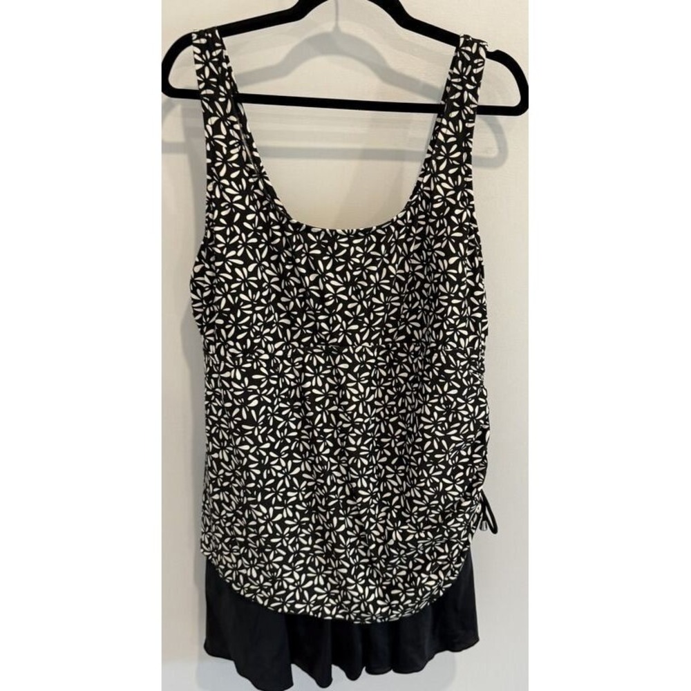 Maxine of Hollywood Black Ivory Print‎ One Piece Swimsuit Swimdress Ruched 18W
